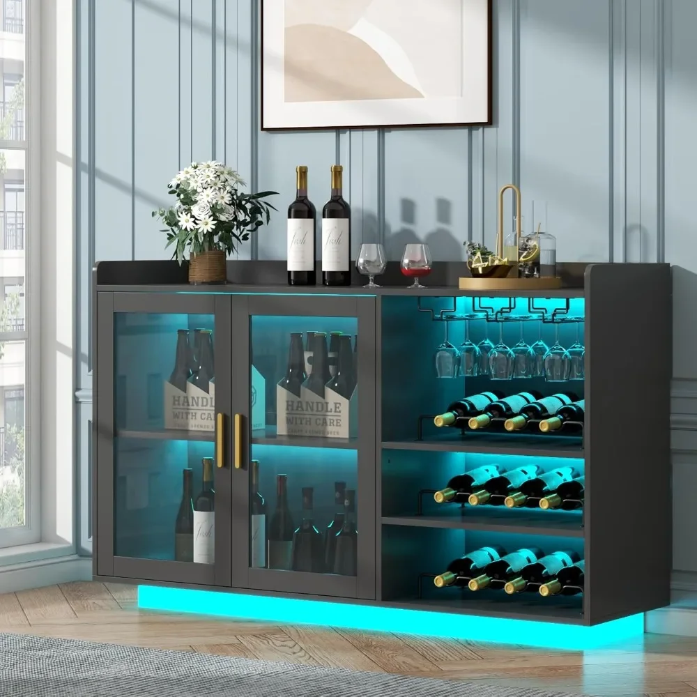 

Wine Bar Cabinet with LED Lights, Floating Coffee Bar with Glass Rack and Removable Wine Racks, Modern Buffet Sideboard with