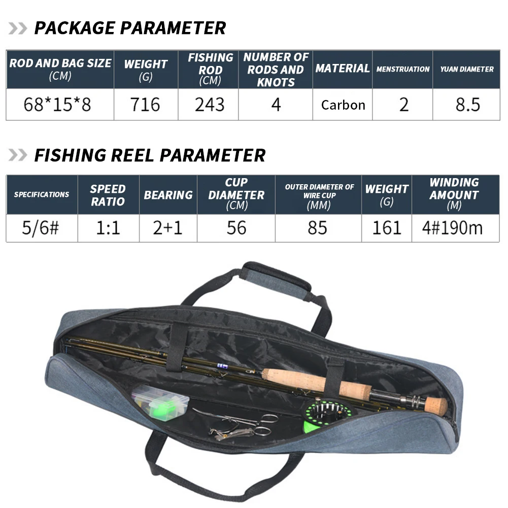 Fly Rod Reel Combo 7.97Ft High-Carbon 4-Section Insert Rod with Dual Rod Tips Fly Fishing Line Bait Rod Combo Set w/ Storage Bag