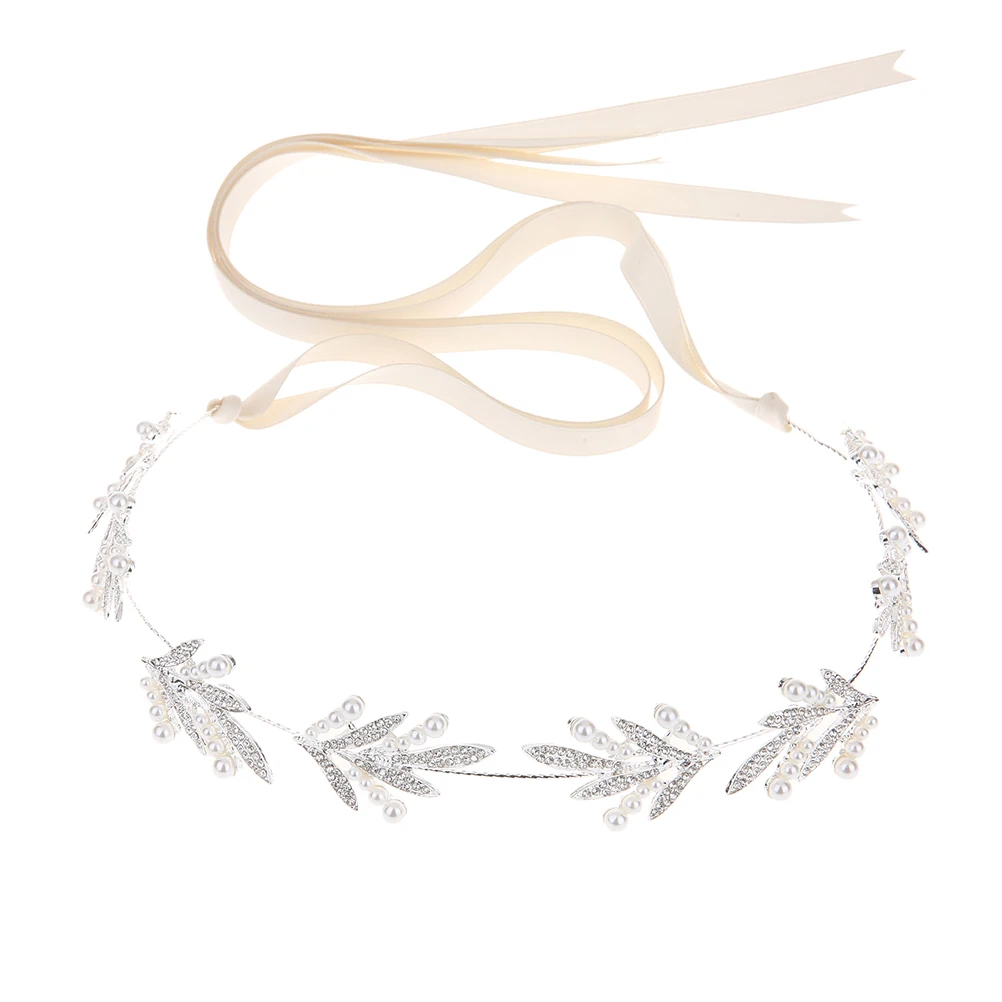 

Elegant Pearl Rhinestone Leaf Headb Ivory White Ribbon Wedding Hair Accessories Bridal Headdress Classic Design Durability