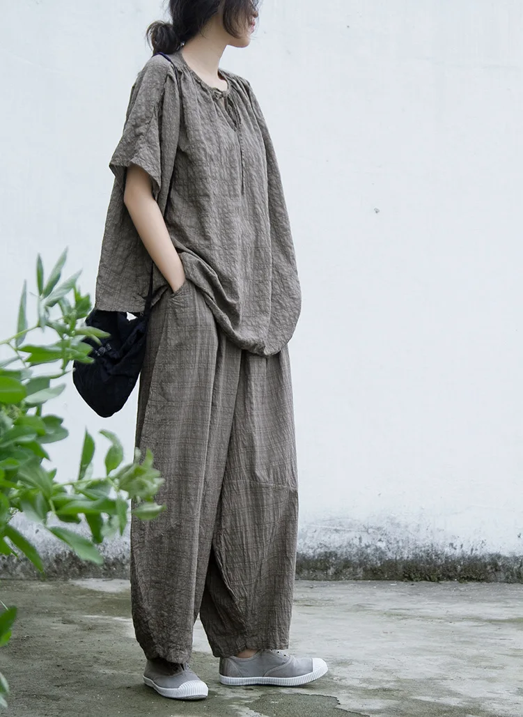 Johnature Casual All-match Full Length Wide Leg Pants 2026 Summer New Cotton Linen Elastic Mid Waist Patchwork Plaid Women Pants