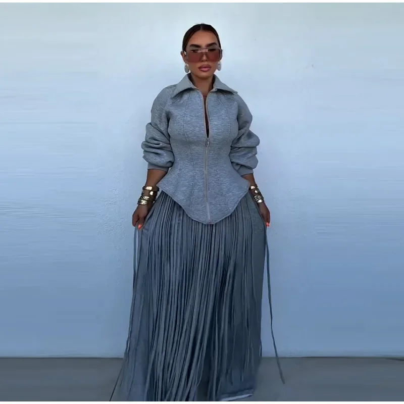 Revers-Taillenbetonte Mäntel mit Gebogenem Saum, Quasten-Hosen-Sets, Damen-Streetwear, Schlanke Jacken mit Reißverschluss, Weite Hosen, Schicke Damen-Outfits, Neu – Detail 3