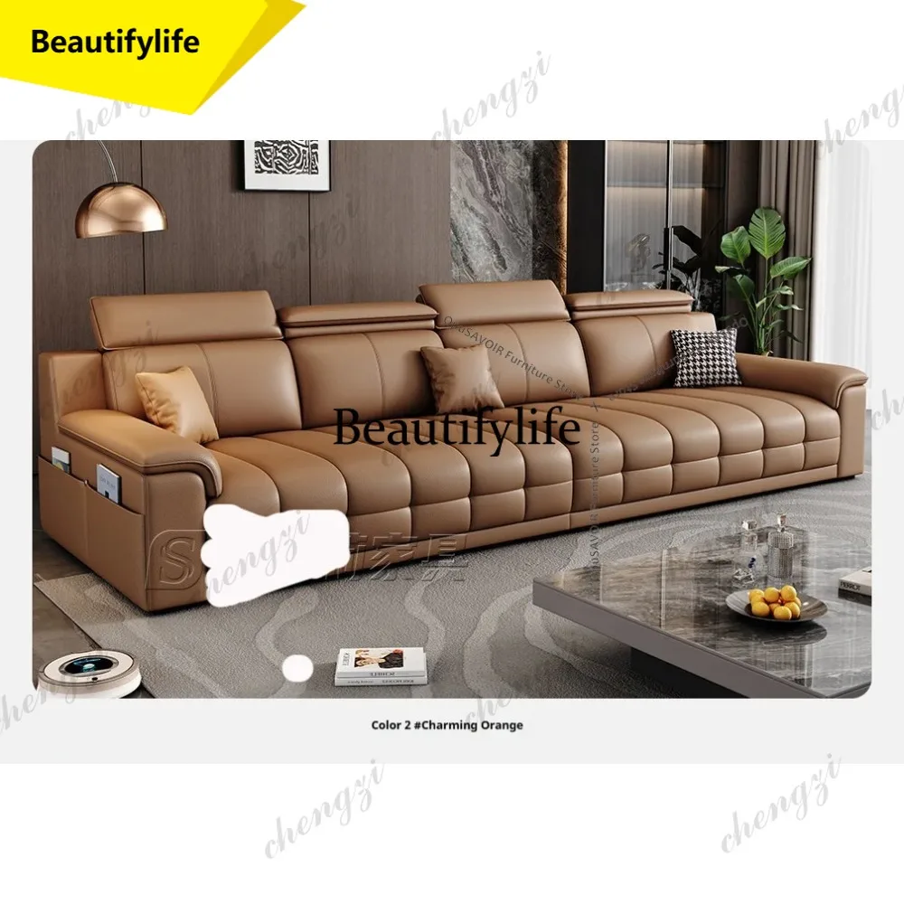 

A53 Italian Minimalist Lawrence Top Grain Leather Sofa - 3-Seater Straight Living Room Sofa Latex Support Compact Furniture