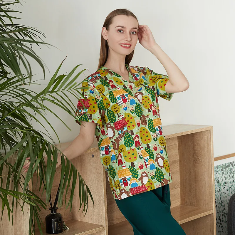 Uniforme de gIslande à col en V imprimé pour femmes, t-shirt médical à manches courtes, vêtements unisexes pour médecins d'hôpitaux, blouse de laboratoire