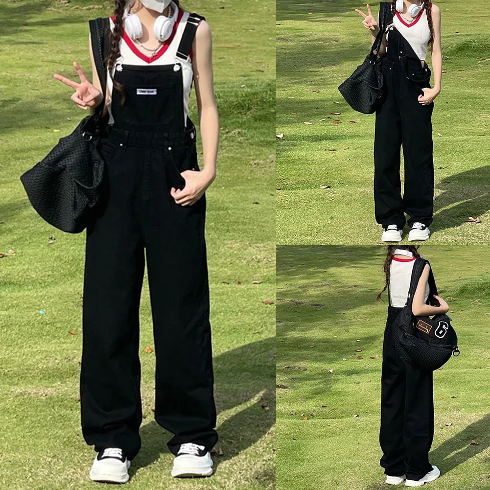 Bib overall sabuk wanita overall celana gaya Preppy Retro warna Solid pakaian kerja Y2K hitam gaya kuliah nyaman