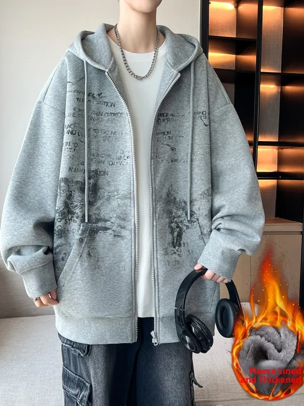 

Новая мужская толстовка-худи 2025 года на флисовой подкладке, свободного кроя, повседневная, универсальная, для подростков и студентов, из смесового хлопка и полиэстера, на молнии