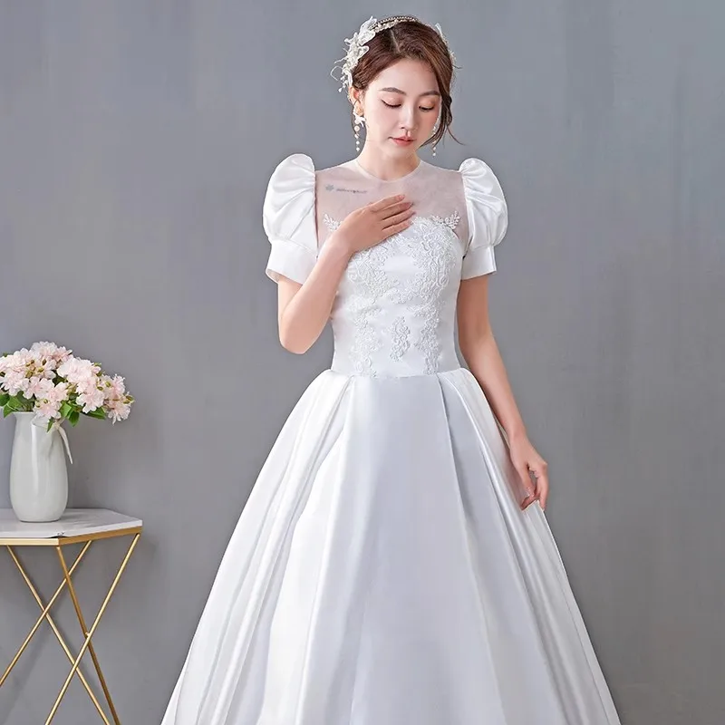 É Yiiya-vestidos de casamento de cetim branco, o-pescoço, mangas curtas inchado, andar de comprimento, princesa, Lace Up, Plus Size, noiva vestido de baile, XN156