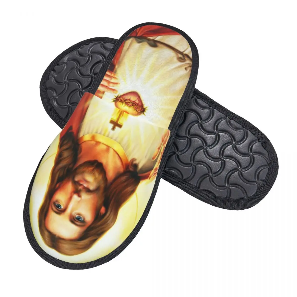 Custom Warm Heart Of Jesus House Slippers Women Soft Memory Foam Religious Christian Divine Mercy Slip On Spa Slipper Shoes