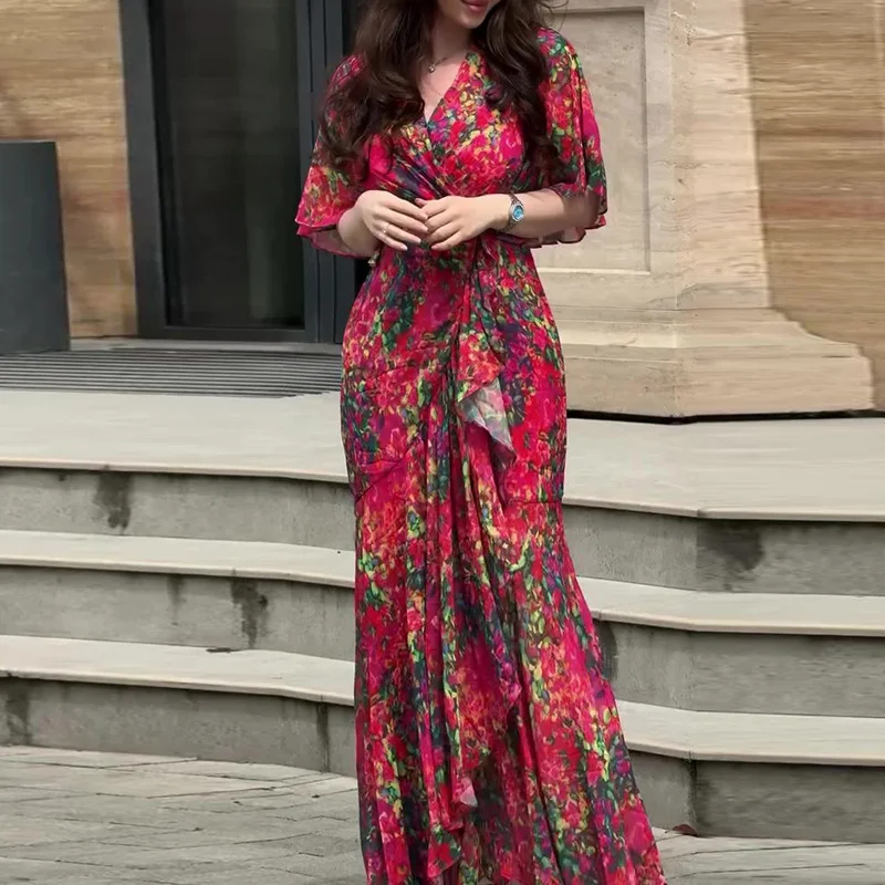 Spring Elegant Floral Print Ruffle Evening Dress Women's Sexy V Neck High Waist Slim Long Dress Summer Short Sleeve Boho Dresses