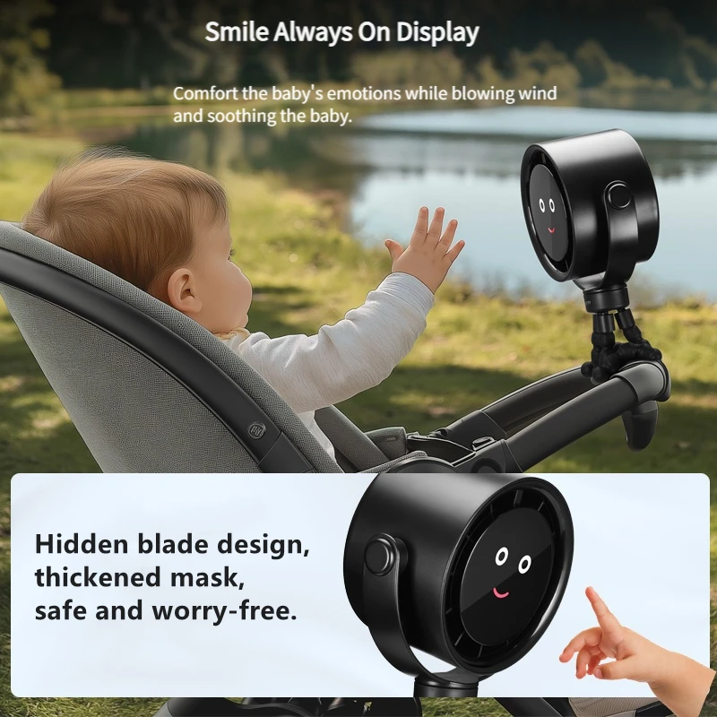 Ventilador USB portátil con Clip de pulpo, ventilador para cochecito de bebé con pantalla creativa de cara sonriente, ventilador de mano de escritorio para dormitorio de estudiante
