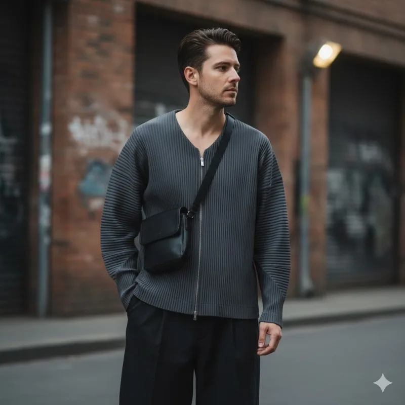 

Miyake Pleated Bomber Jacket Men's Pleats Round Neck Jacket Jacket 2026 Spring Summer New Casual Long-sleeved V-neck Zipper Tops