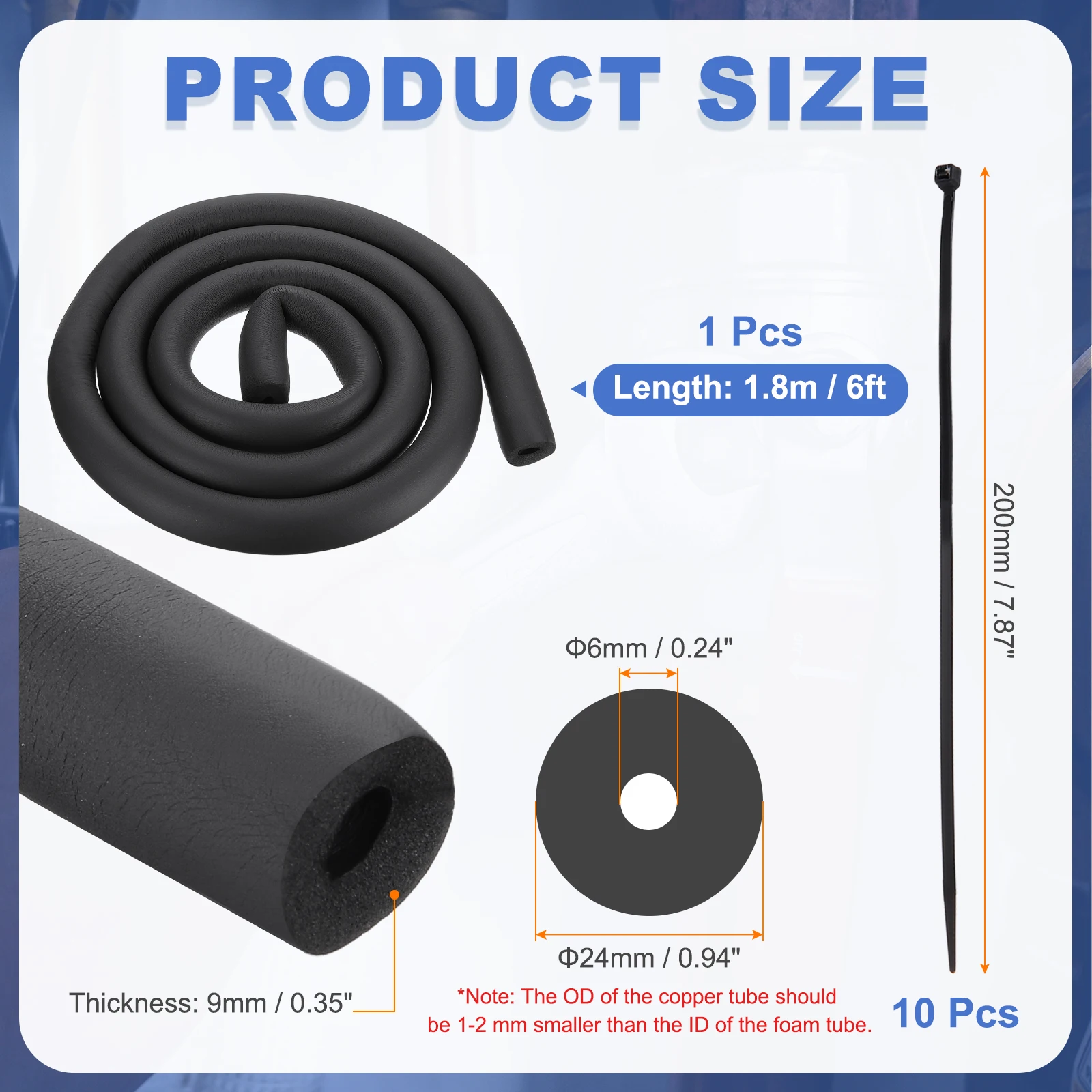 1/2Pcs 1.8M Pipe Insulation Foam Tube Heat Preservation Pipe Cover Wrap Roll Bar Padding Tubing with Zip Ties Freeze Protection