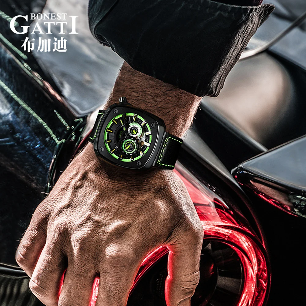 

BONEST GATTI Germany Design Men's Square Racing Chronometer Automatic Mechanical Watch Sapphire Luminous Leather Strap 5ATM