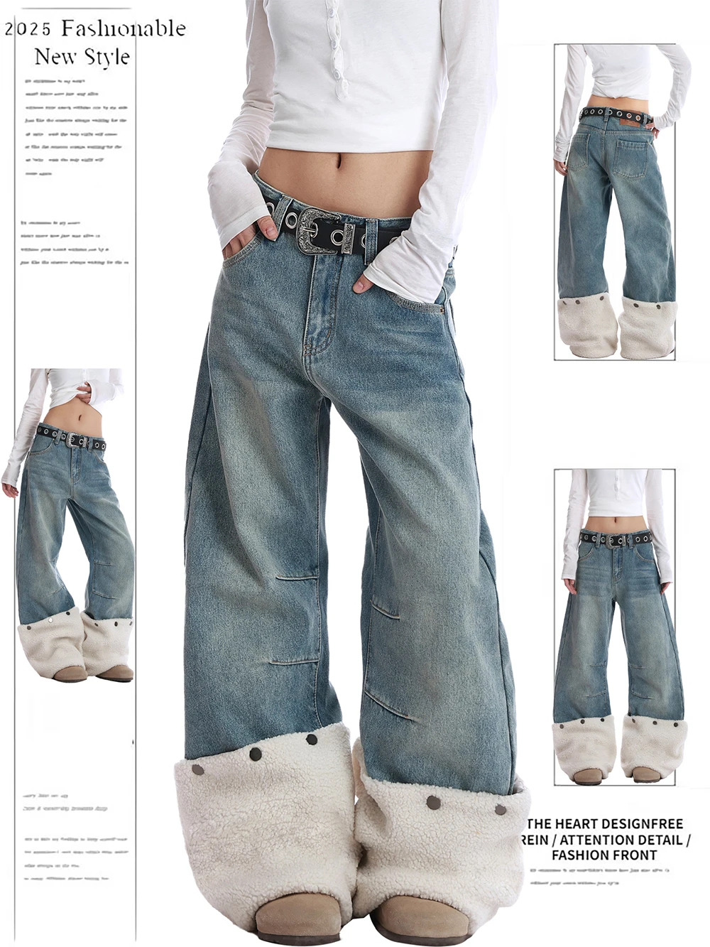Detachable Fleece Leg Warmers Denim Jeans Women's Winter New Fashion Design Straight Leg Wide Leg Pants Casual Long Pants
