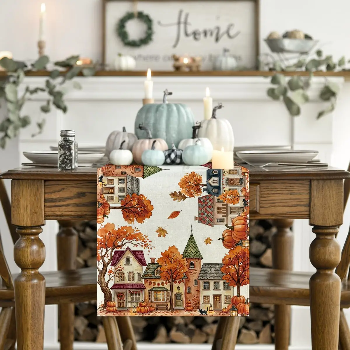 Fall Table Runner Home Party Decor Pumpkin House Tree, Seasonal Kitchen Dining Table Decoration