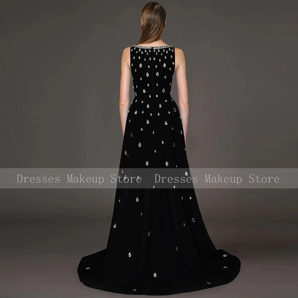 Exquisite Black Evening Dress Jersey Rhinestone Bespoke Occasion Gown A-line Square Neck Long Dresses Formal Dress Women Elegant