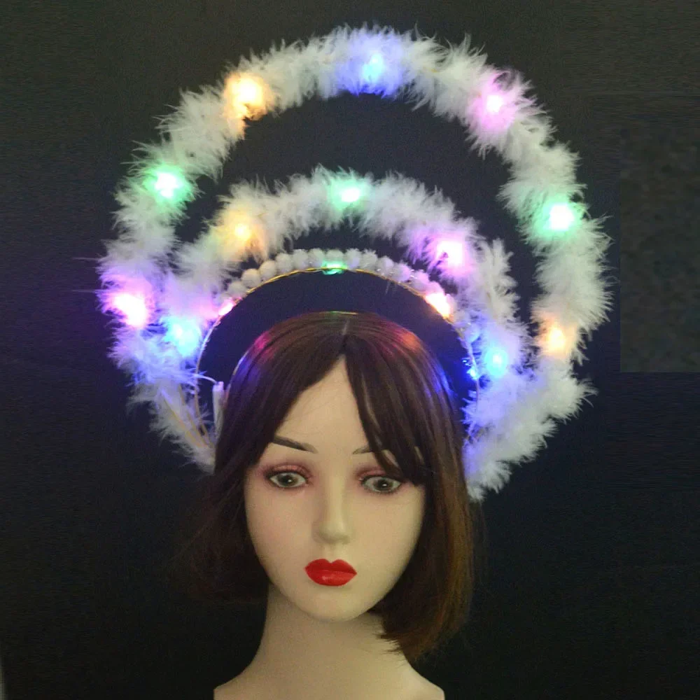 Women Led Luminous Lights Halo Crown Headband Feather Goddess Costume Headpiece Headdress for Cosplay Party  Wedding Festival