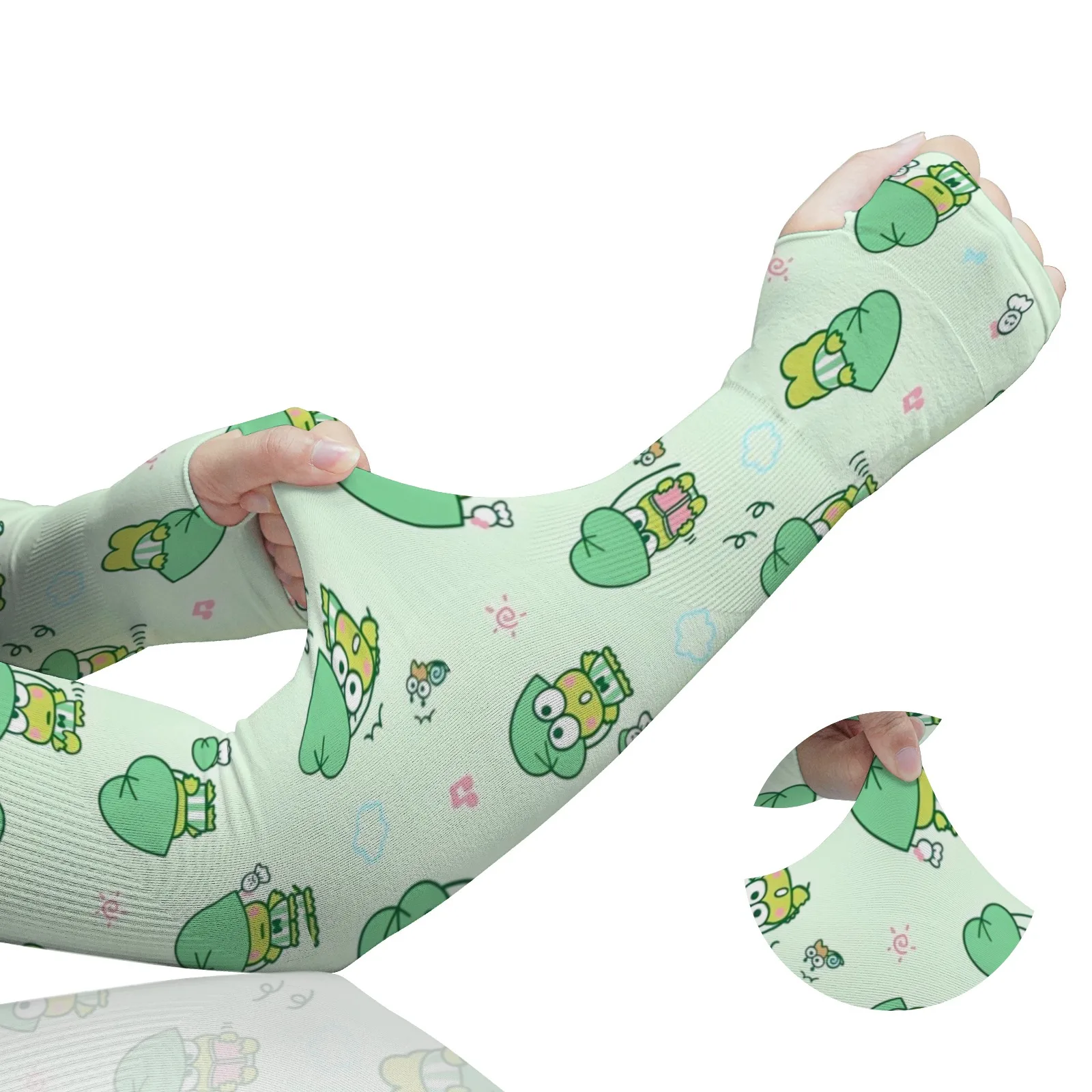 Keroppi Mangas de brazo con estampado de dibujos animados Kawaii: seda de hielo verde claro, protección UV transpirable para aventuras diarias y al aire libre acogedoras