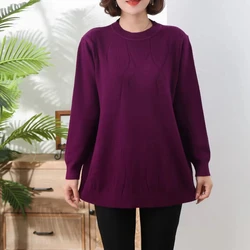 Middle Aged Mother's Mid Length Round Neck Long Sleeved Sweater for Women's Autumn and Winter Loose Plus Size Base Sweater