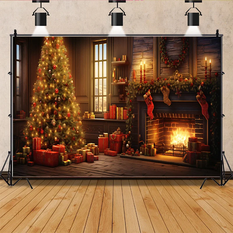 

Christmas Day Fireplace Photography Backdrops Prop Window Living Room Interior Village House Theme Background DR-09