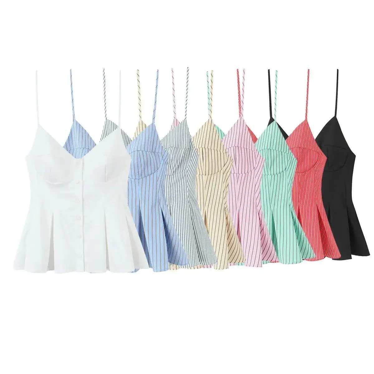 

Женский полосатый топ на бретельках, летние топы на пуговицах с открытой спиной и оборками по подолу