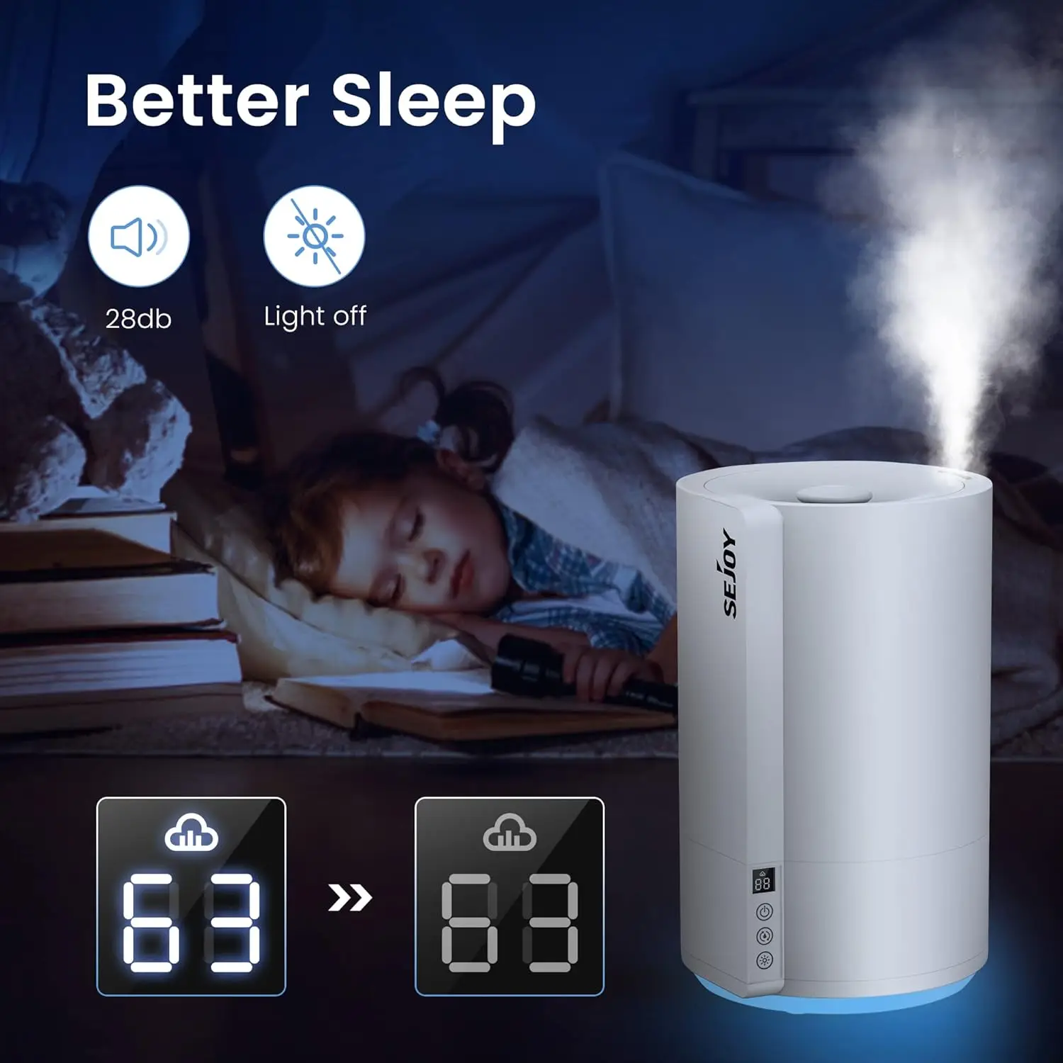 Humidificadores SEJOY para dormitorio, habitación grande, humidificador de aire ultrasónico para planta de bebé, llenado superior de 4L, humedad constante inteligente