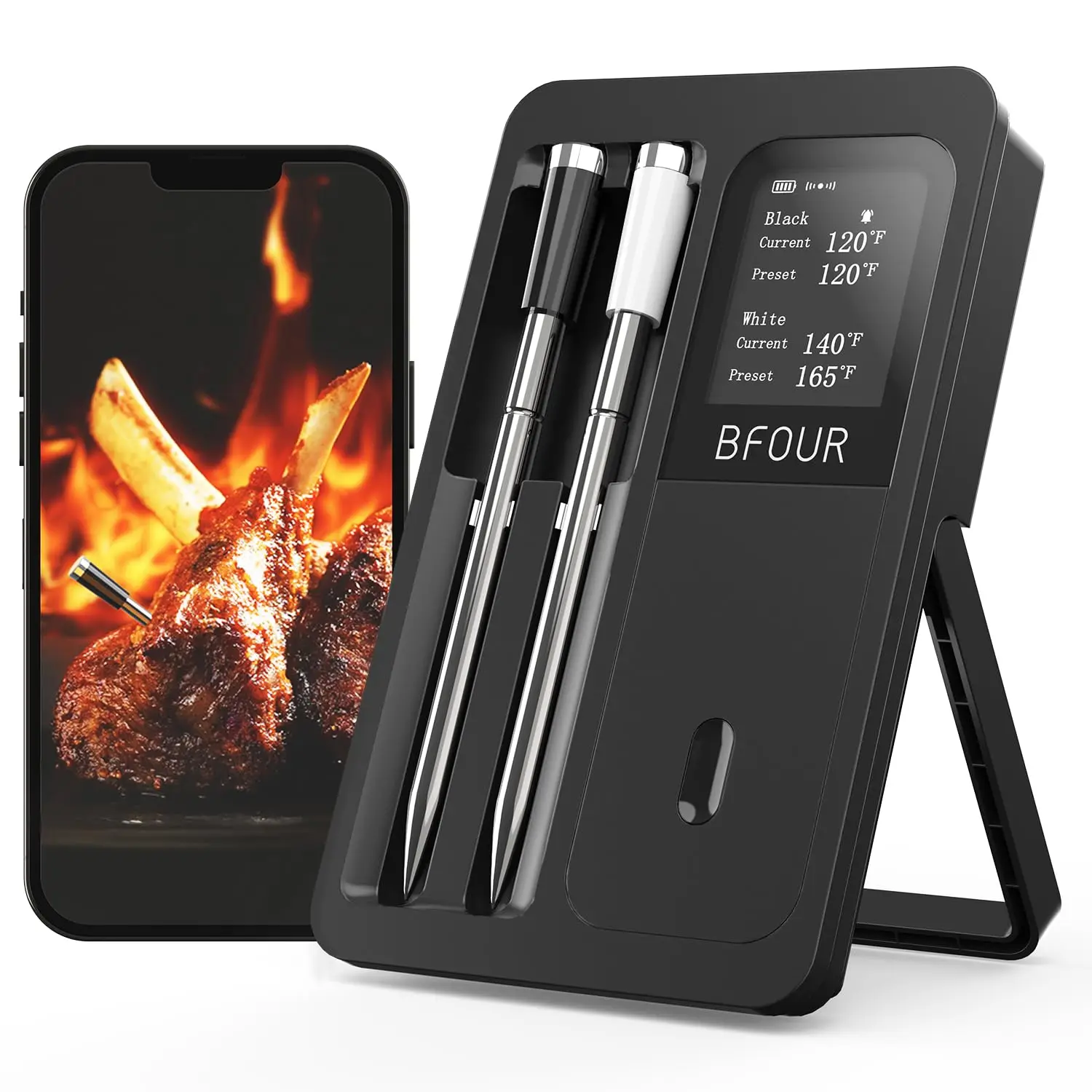 

Wireless Meat Thermometer with Smart App, Bluetooth, IP67 Waterproof, 752°F Heat Resistance, 2 Probes for Grilling