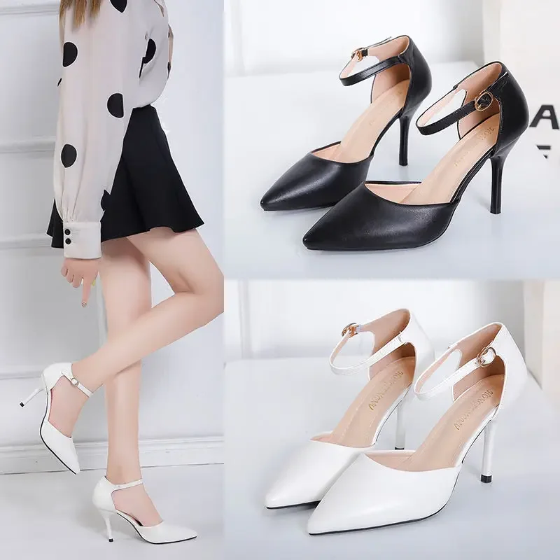 Soft Leather Women\'s Shoes,Pointed Toe,2024 Spring New High Heels,Ankle Strap,Cover Heel,Female Footware,Big Size,BLACK,,BEIGE