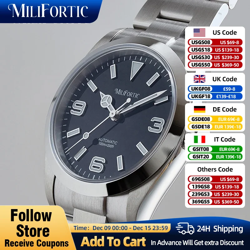 Milifortic 36mm Explorer Homage Watch Sapphire Sapphire 10ATM NH38 Mechanical Bracelect Stainless Steel Climbing Sports Watches