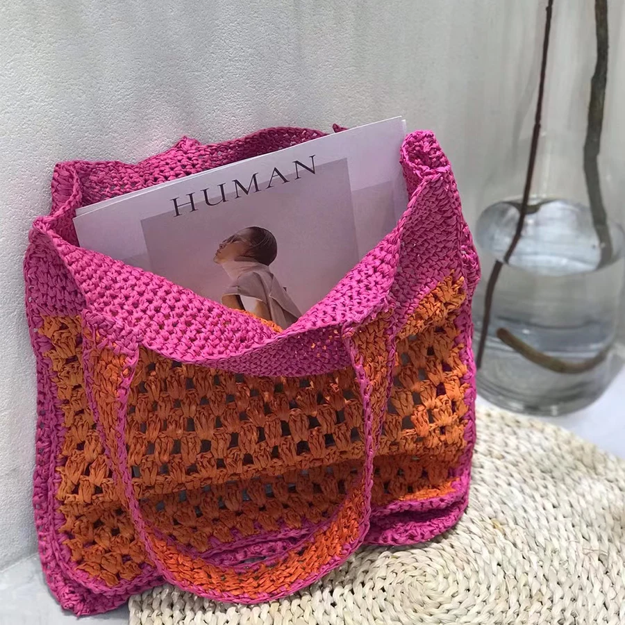 Hollow Female Basket Bags Country Style Straw Handbags for Women 2022 Fashion Beach Underarm Bags Stitching Color Shoulder Bag