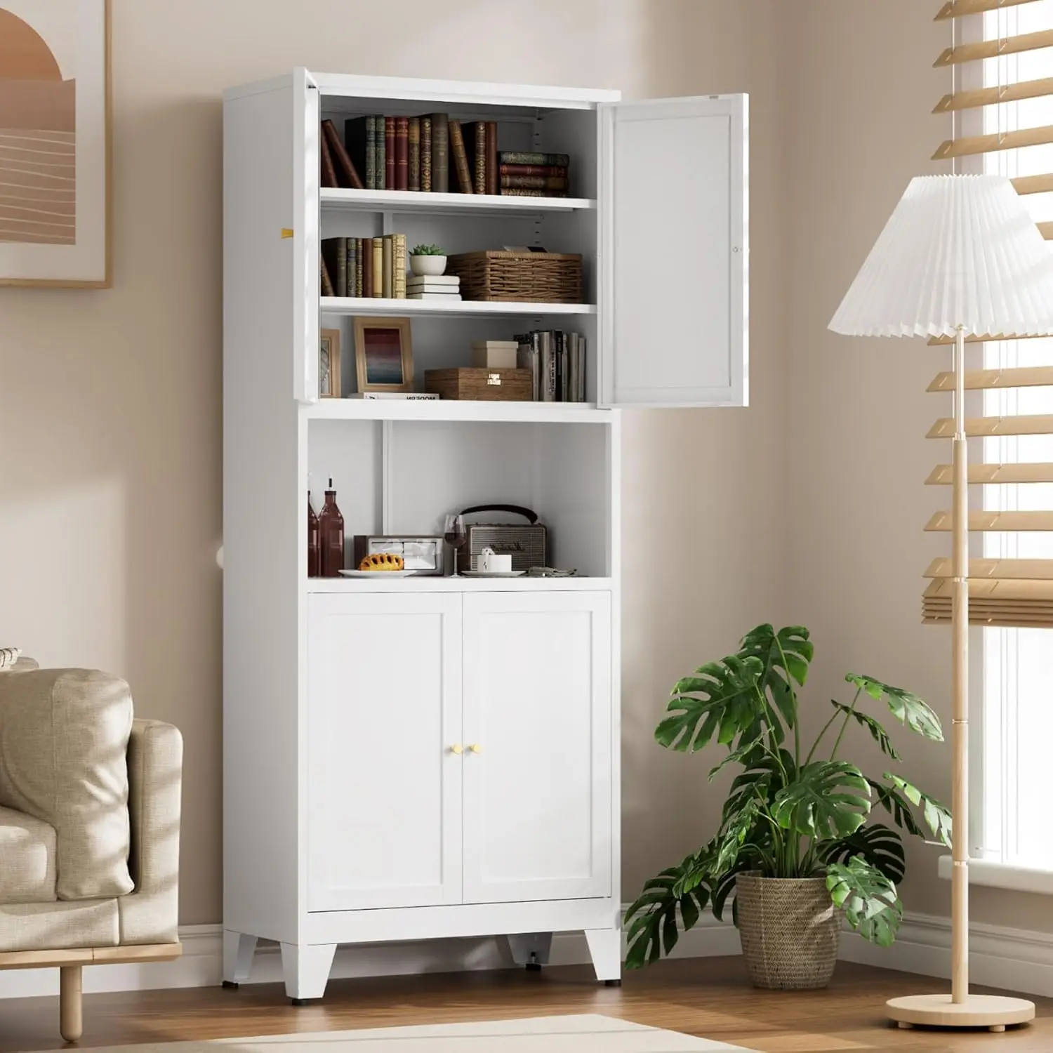 خزانة مطبخ معدنية، خزانة تخزين طويلة 69 مع 4 أبواب و3 أرفف قابلة للتعديل، خزائن قائمة بذاتها لتناول الطعام R