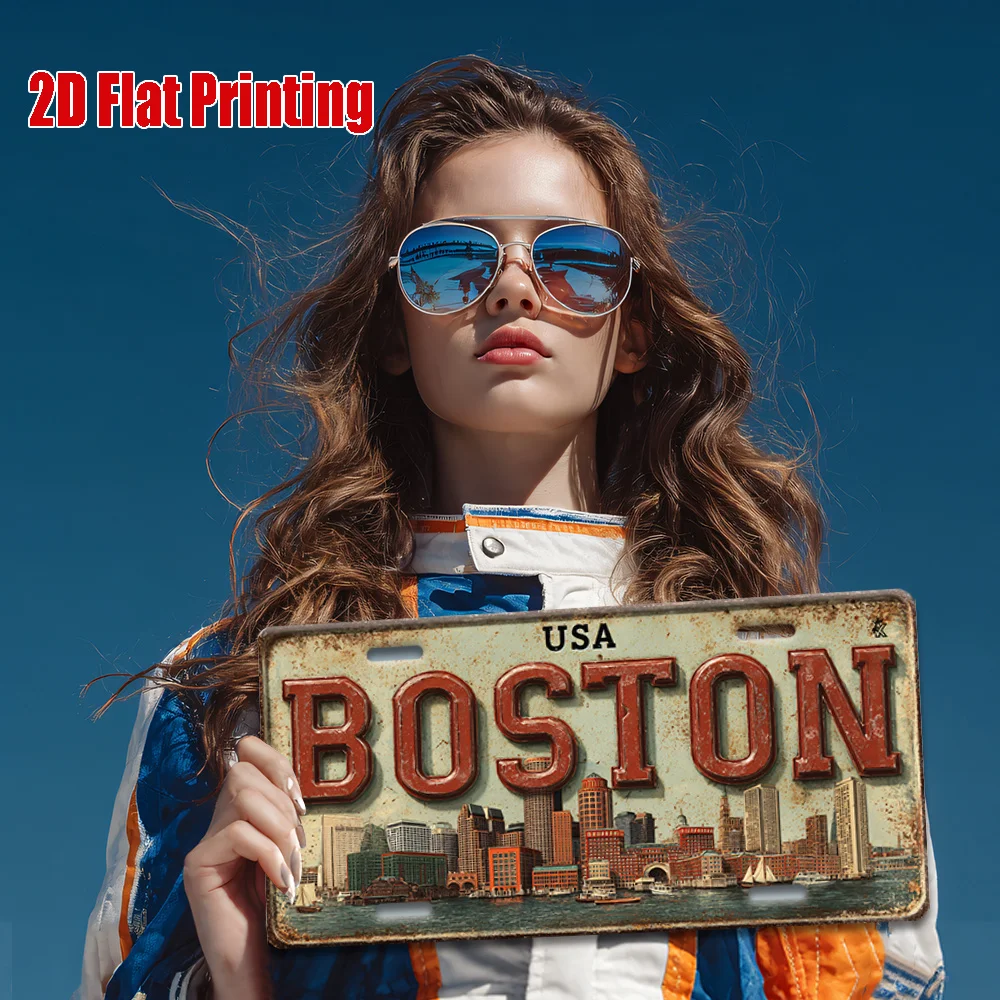 2D Flat Aluminum Boston City Vintage Decor Wall Plaque Themed Aluminum Sign Living Room Study Travel Studio Office Decor