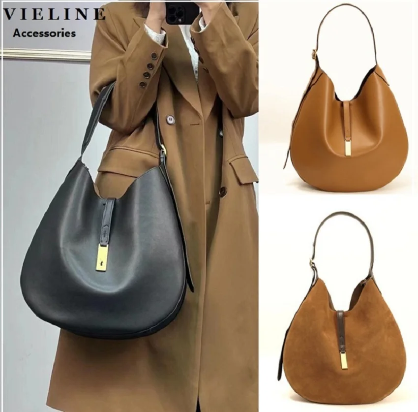 VIELINE New Women\'s One Shoulder Bag Genuine Leather Large Hobos Underarm Bag Half Moon Design Ladies Handbags