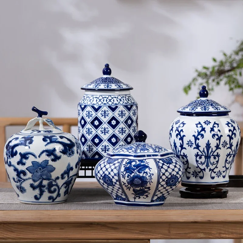 

Octagonal Jar Blue White Porcelain Jingdezhen Ceramic Storage Tank Decorative Tea Snacks Jar Porcelain Storage Jar