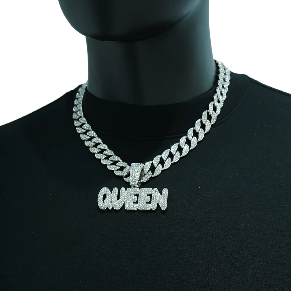 

DIY accessories European and American alloy full diamond QUEEN letter pendant large button head with Cuban chain thick necklace