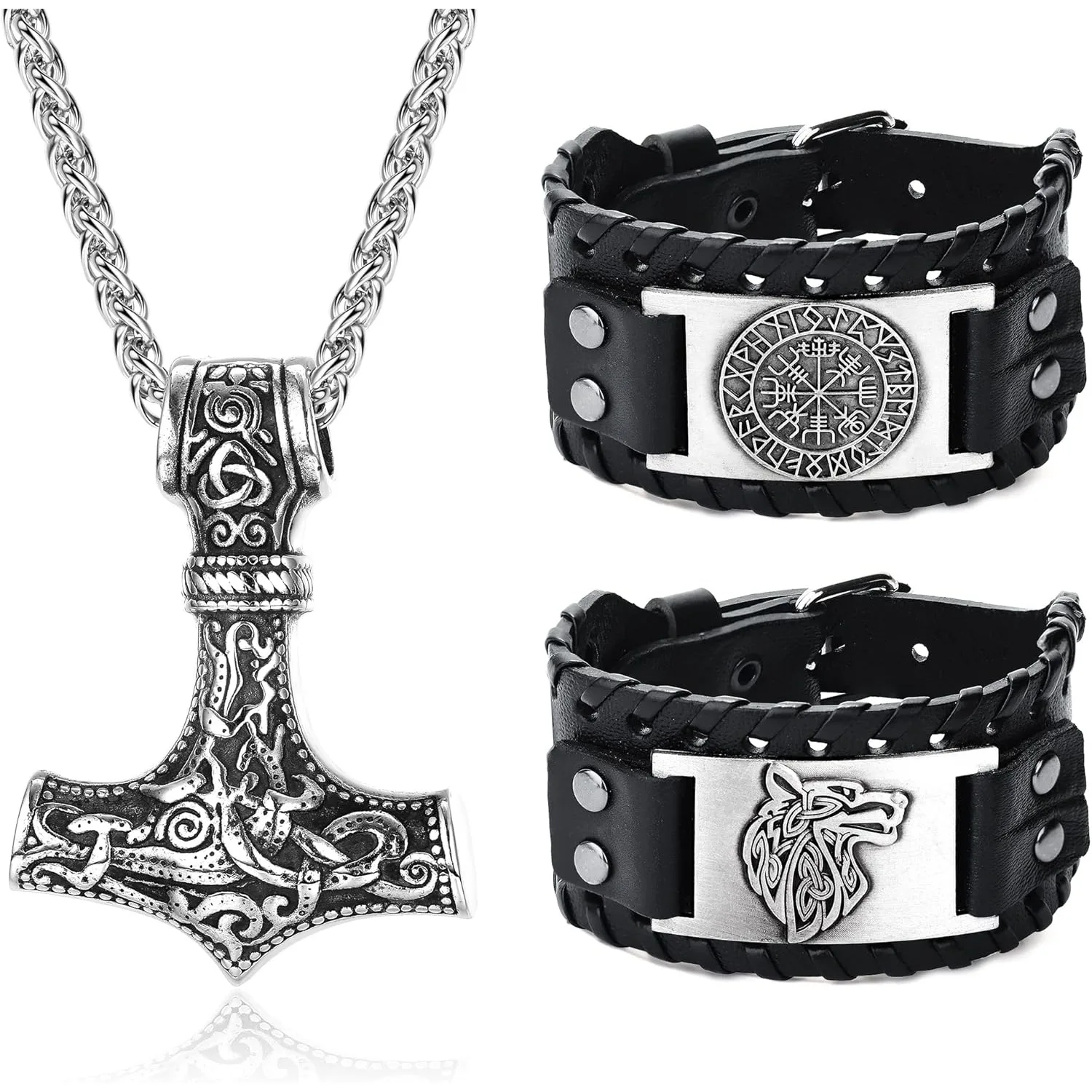 

Bobisty Viking Necklace Bracelets for Men Goth Amulet Jewelry Thors Hammer Necklace Norse Bracelet Wolf Bracelet Set Halloween