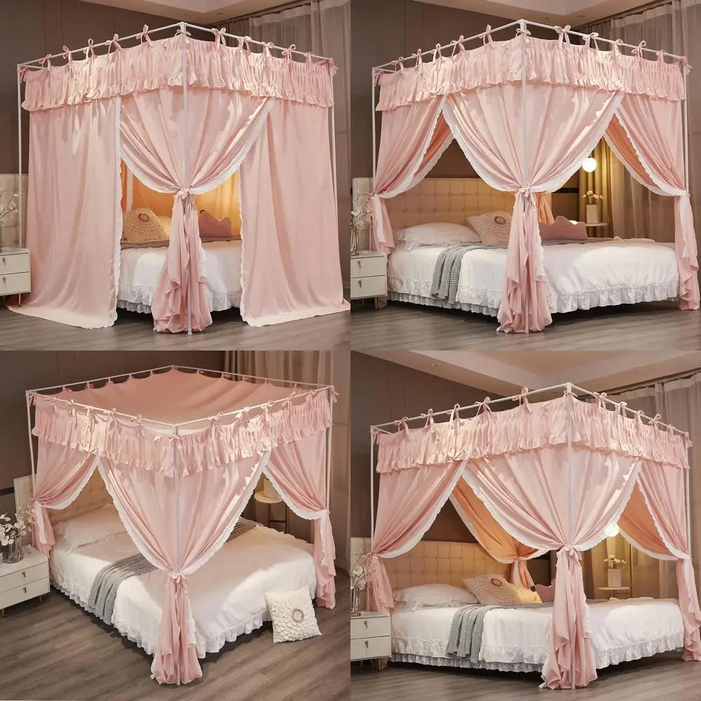 

Elegant Ruffle Lace Corner-Post Princess Curtain Bed Canopy with Breathable Mosquito Net for Girls and Adults - Ideal for Cozy B