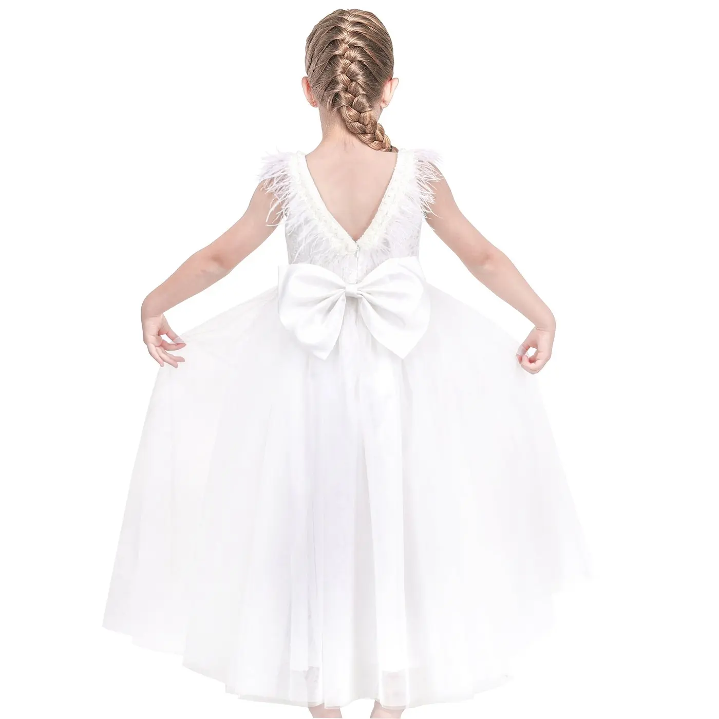 Flower Girls Dress Off White V-back Wedding Bridesmaid Party Formal Lace