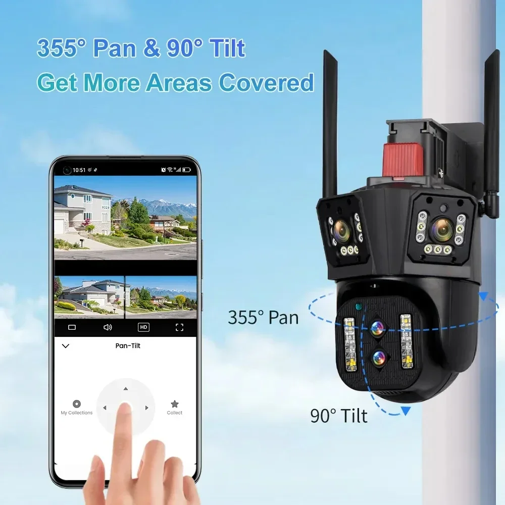 8K UHD Outdoor WiFi IP Camera - 10X Optical Zoom, Auto Tracking, 6K PTZ, Four-Lens, Triple Screen, Waterproof Security Camera