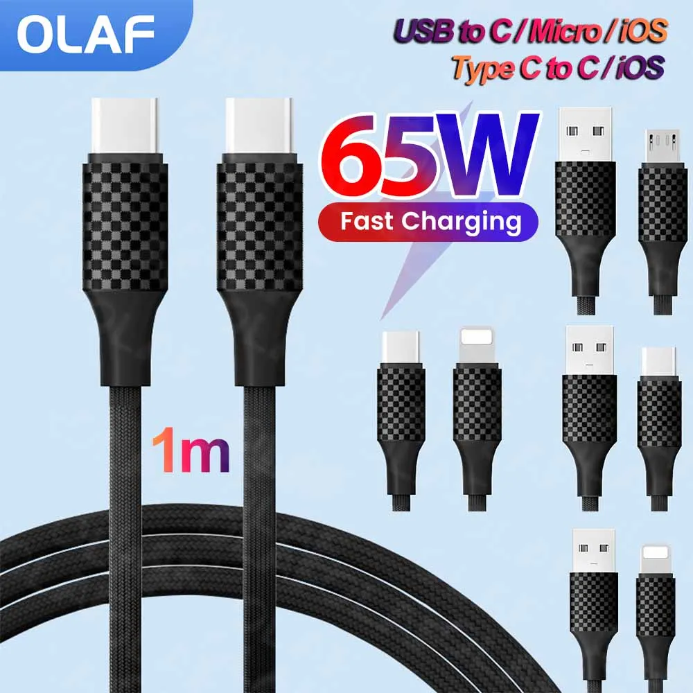

6A 65W Type C to C Fast Charging Cable For iPhone 16 15 USB to Lightning Micro Type C Charge Cable USB C Mobile Phone Cable