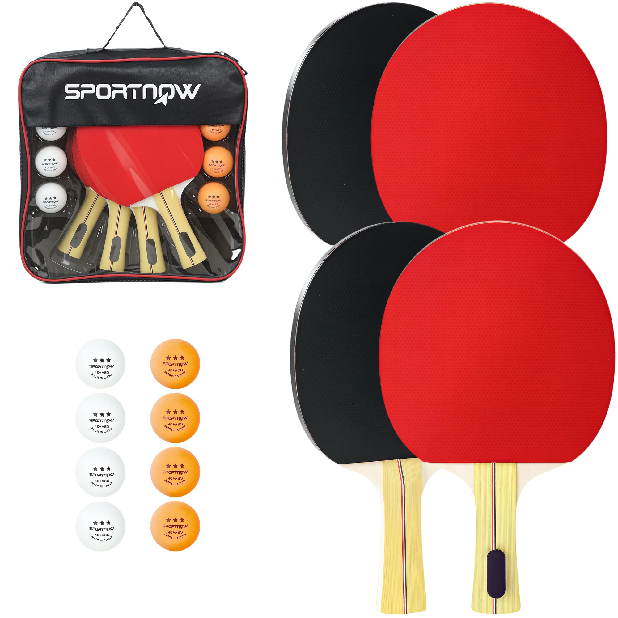 

Table tennis set with 4 table tennis rackets, 8 table tennis balls, and carrying bag. For indoor and outdoor use.