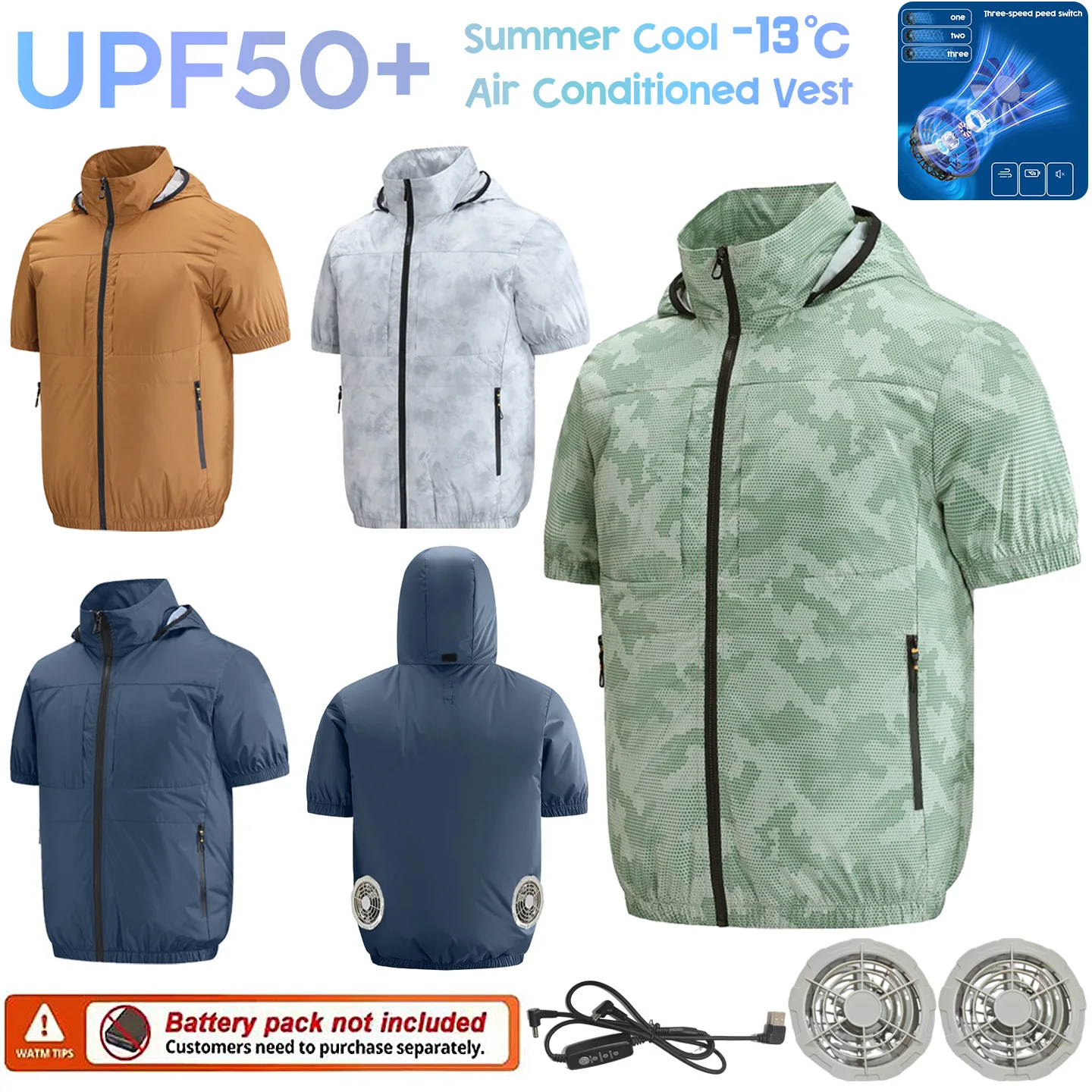 夏用冷却ファン付き半袖ファン冷却ジャケット-usbエアコン服-アウトドア釣り作業用-熱対策クールベスト