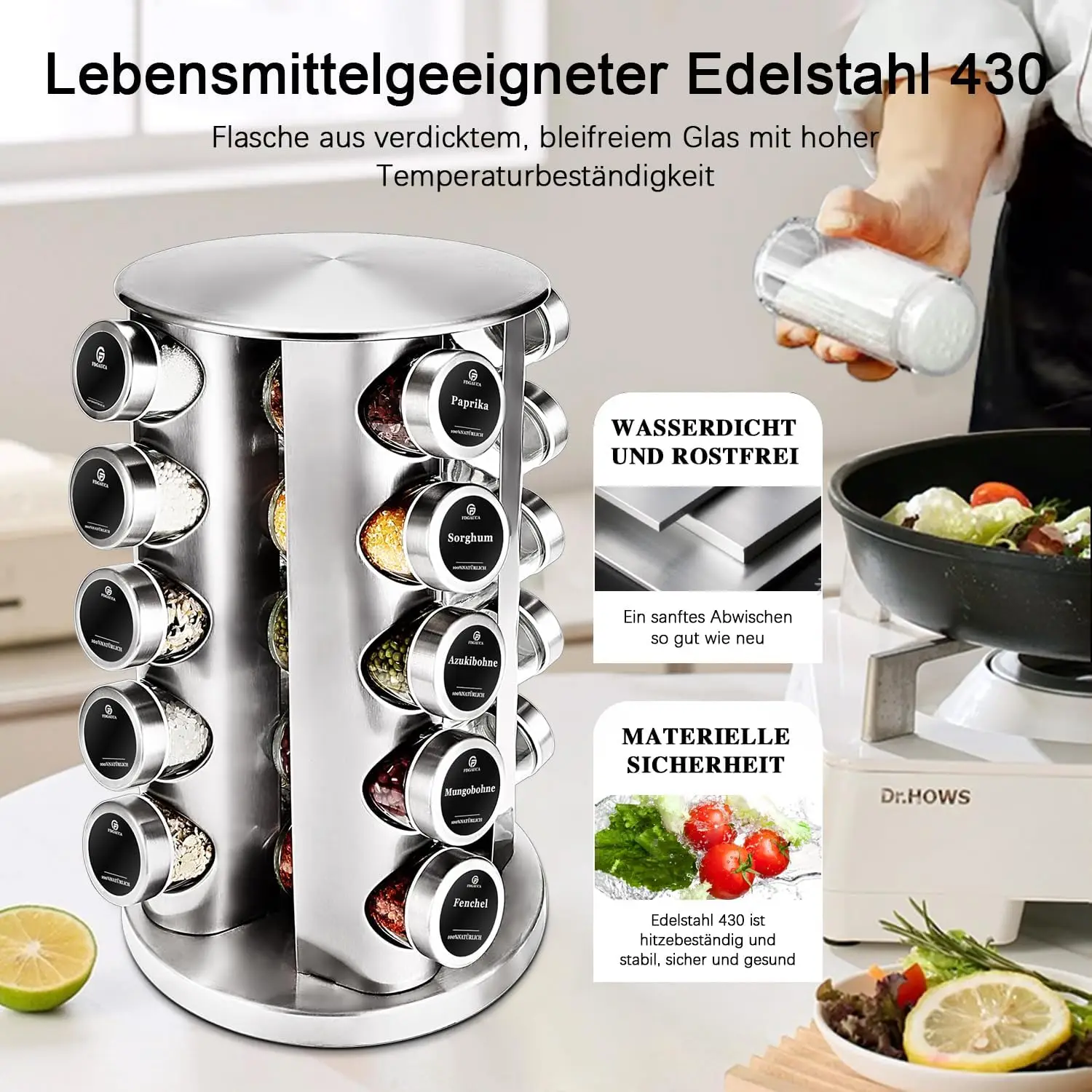 360 ° Rotierender 5-stöckiger Gewürzregal-Organizer mit 20 x 100 ml Gläsern und deutschen Etiketten | Platzsparende Küchenaufbewahrung für Gewürze – Detail 4