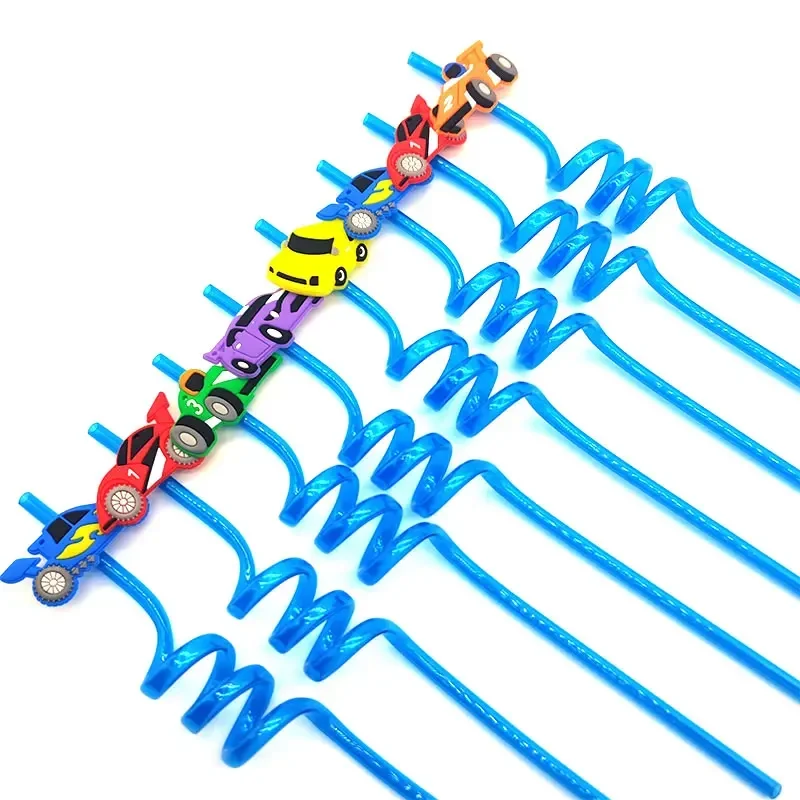 8pcs 26cm Racing Kids Party Themed Straws Reusable Car Plastic Helical Drinking Straw for Boy Racing Car Birthday Party Decor