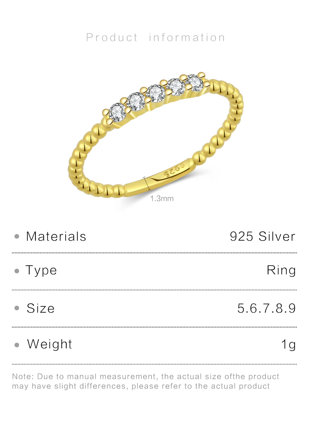 DPLAOPA 100% 925 Sterling Silver Gold Size 5-9 Ring Beads Line Cubic Zirconia Ring 2023 Crystal Jewelry Slim Fine Jewelry 2023