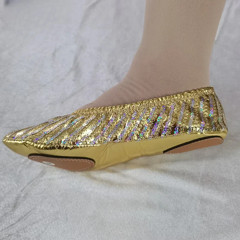 Sapatos de dança do ventre com brilho dourado sola macia desempenho sapatos femininos planos palco dança do ventre prática trajes desempenho