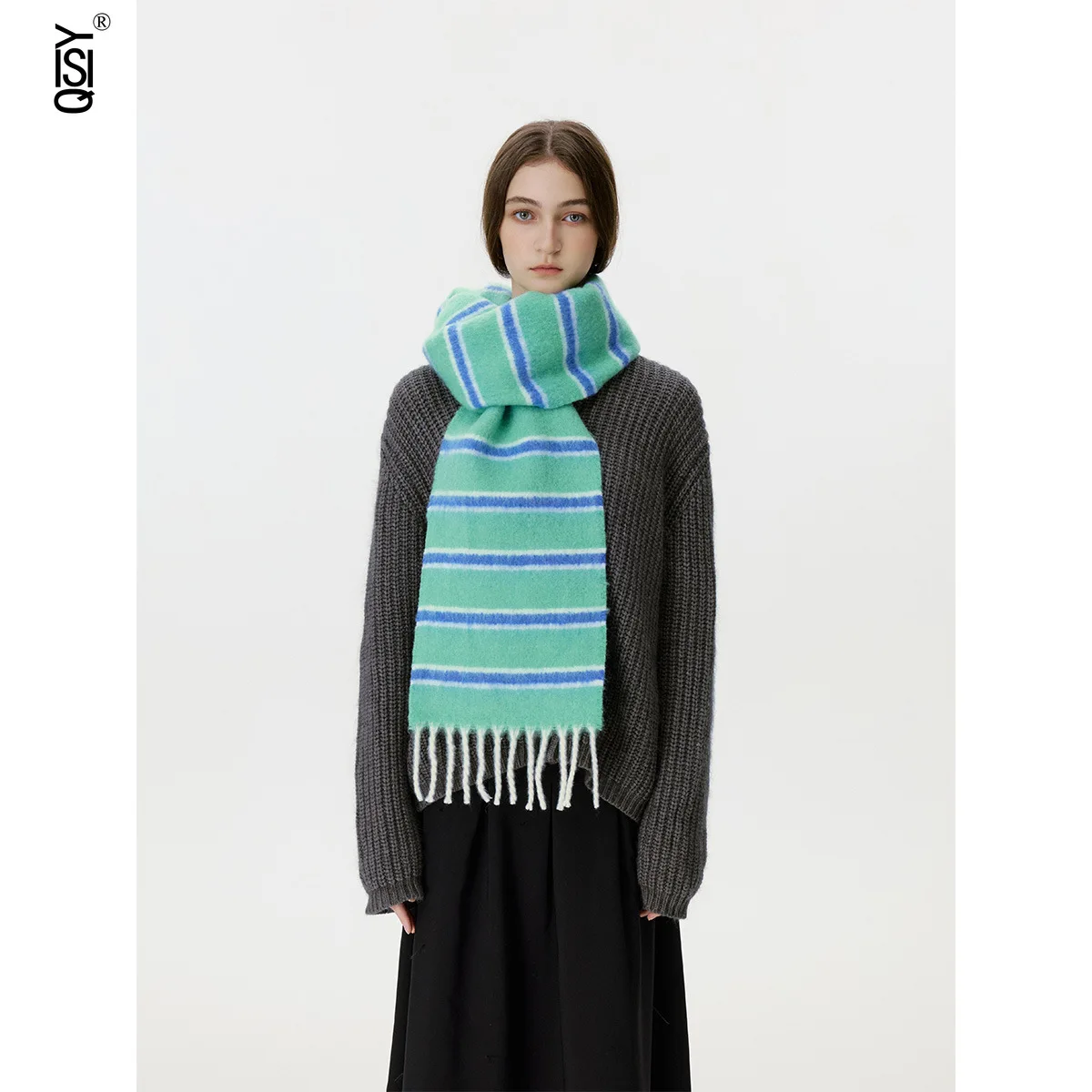 وشاح مخطط متعدد الألوان من مزيج الصوف على الطراز الكوري لدفء الشتاء للنساء، جو شرابة، شال وشاح #5