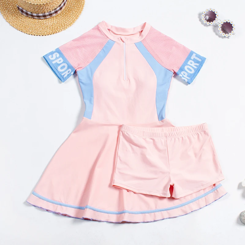 Girl One Piece Swimsuit Dress Short Sleeve Solid Pink Purple 16 Years Teenager Student Children Swimwear Beach Wear 2024 New