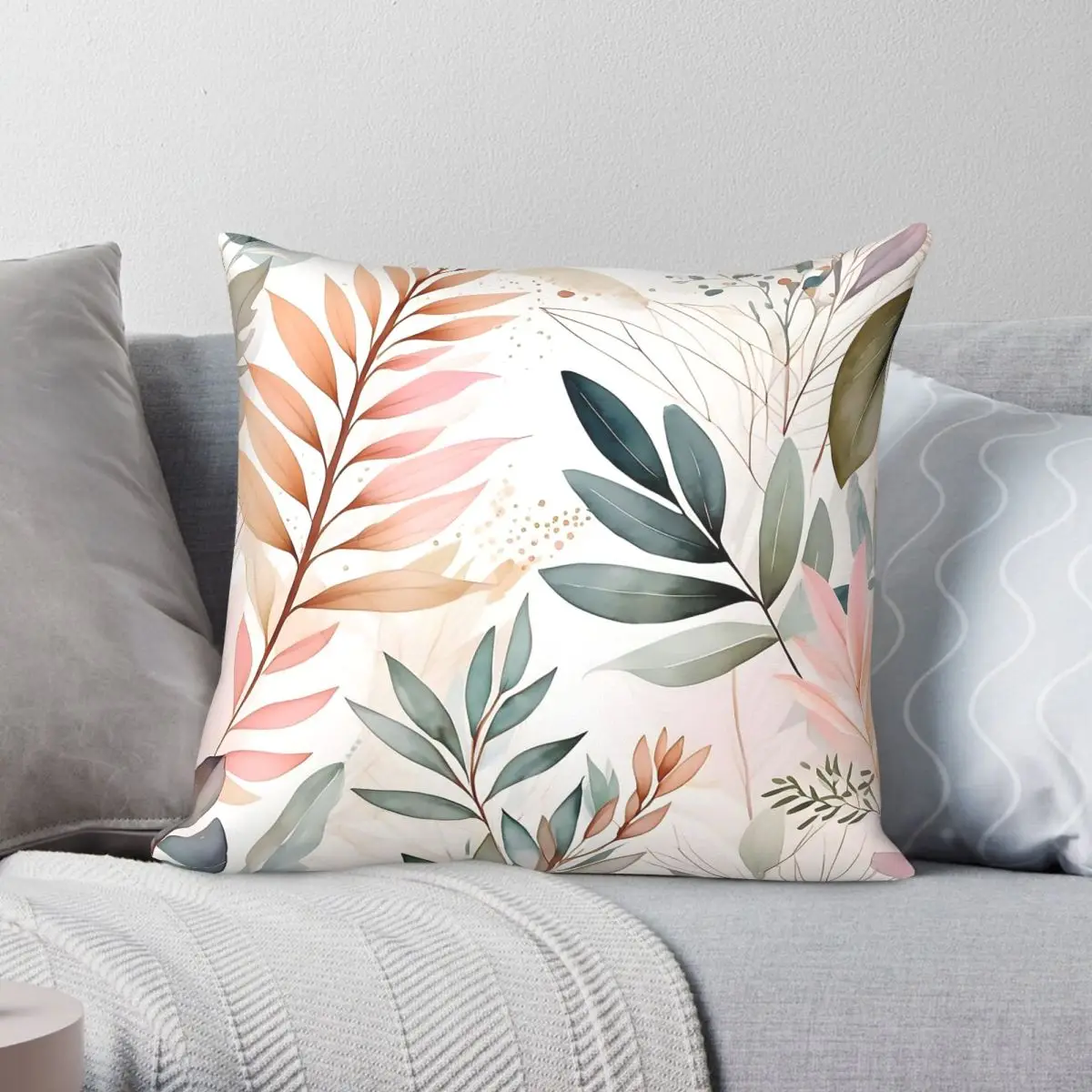 Botanical Peach Olive Green Square Pillowcase Polyester Linen Velvet Pattern Zip Decor Pillow Case Room Cushion Cover 18