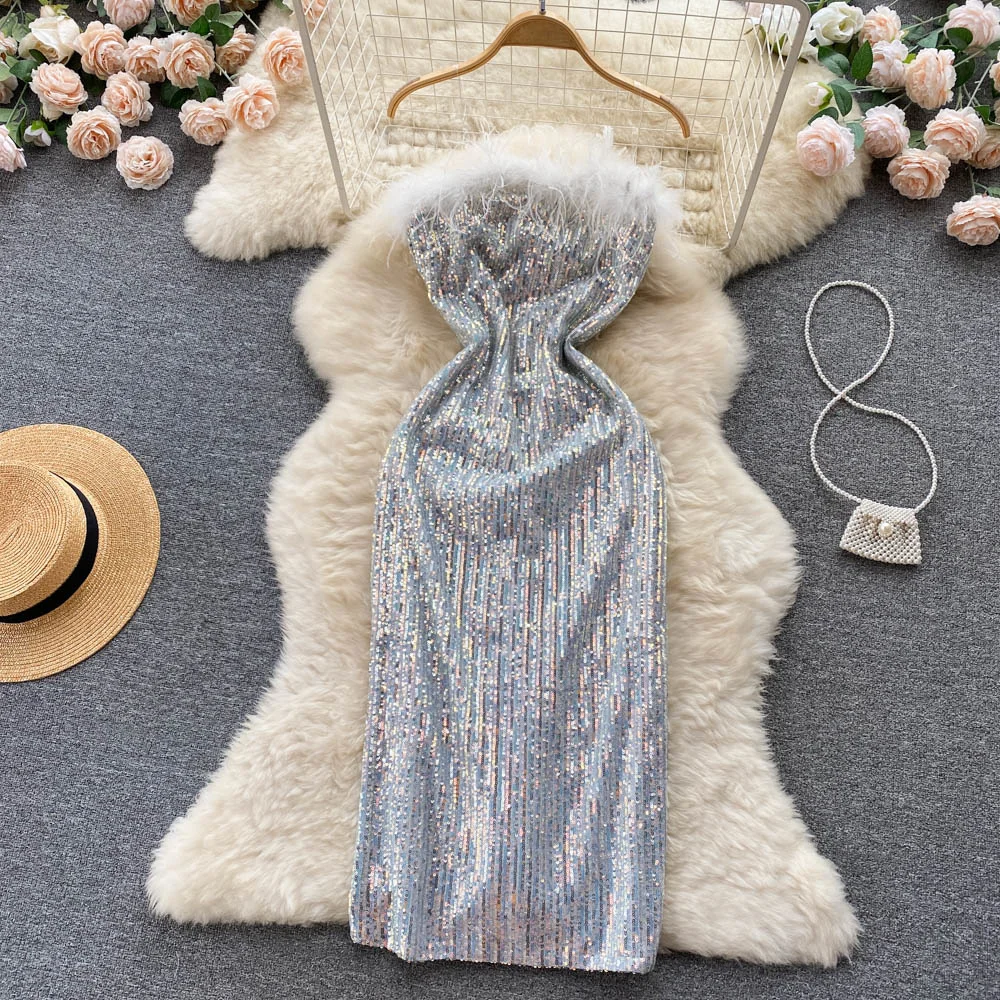 Sequined Sexy Women Party Mid-Calf Dress  Sleeveless Fur Feather Patchwork Slim Summer Strapless Dress Vestidos