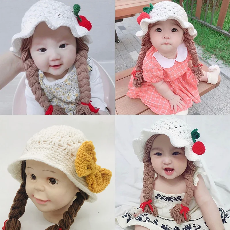 Handmade Knitted Baby Girl Wig Hat Infant Wigs Brades Kids Crochet Hat Caps With Plaits Baby Photography Props Headwear